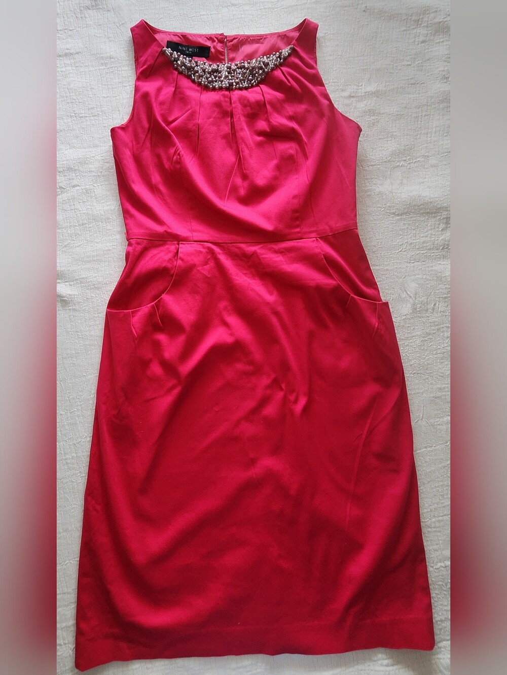 Nine West Fuchsia Pink Sleeveless Sheath Dress with Beaded Neckline & Pockets